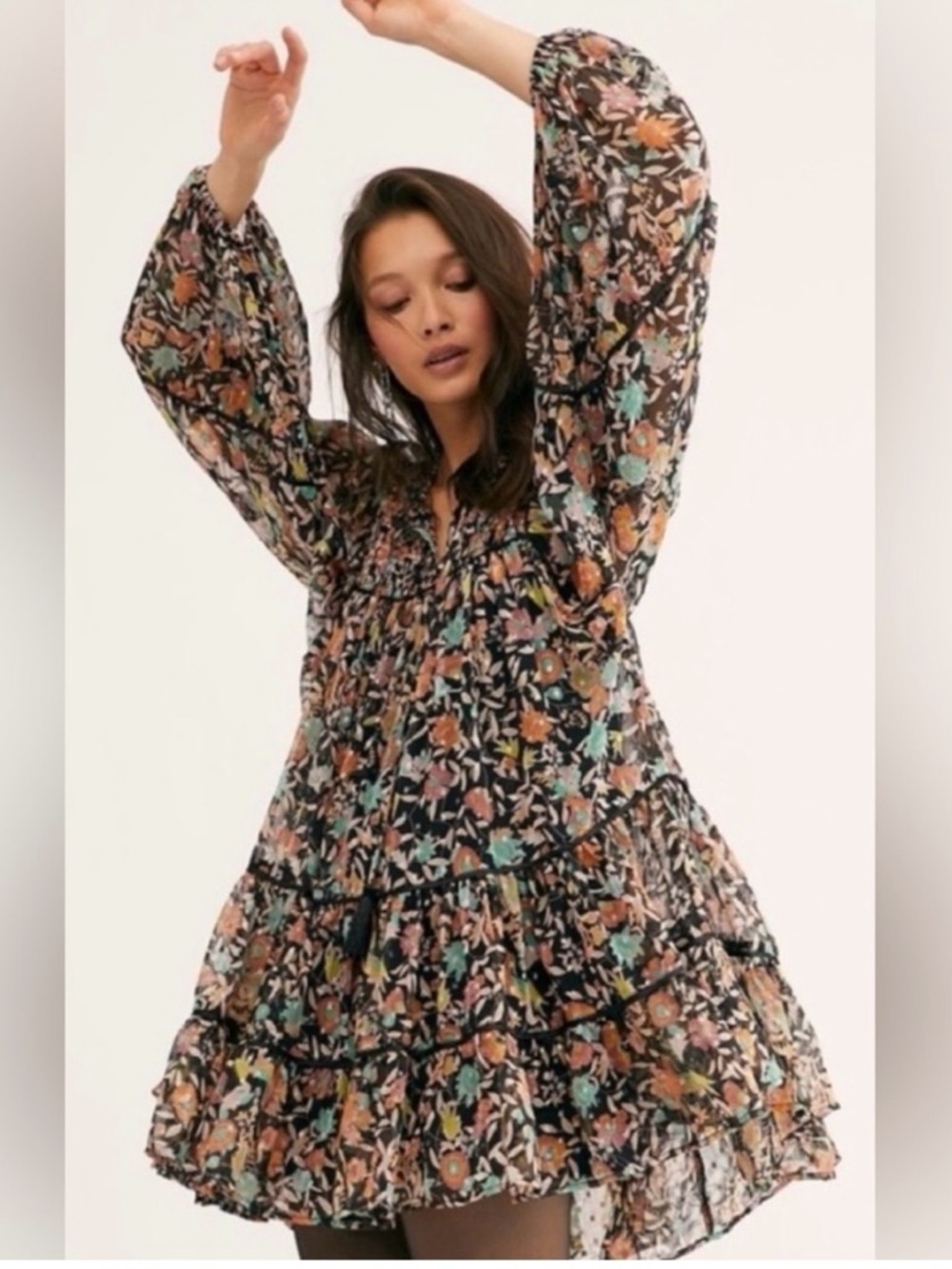 Free People Black Floral Blouse with Pastel Accents and flowy bubble sleeves - Picture 3 of 3
